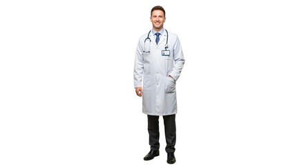 A happy handsome doctor in medical uniform, full body, isolated on a white background, with copy space