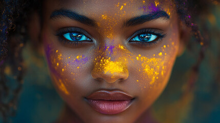 Close-up portrait of woman with vibrant colorful HOLI powder paint enhancing her strikingly expressive blue eyes, lively artistic design.