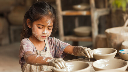 A young girl working in a pottery workshop with hands covered in clay