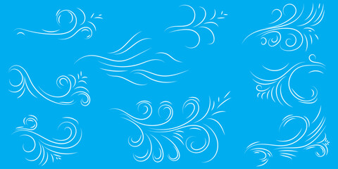 Doodle wind line sketch set. Hand drawn doodle wind air blow, swirl elements.
