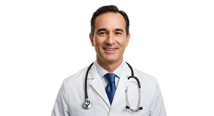 Fototapeta premium A happy handsome doctor in medical uniform, full body, isolated on a white background, with copy space