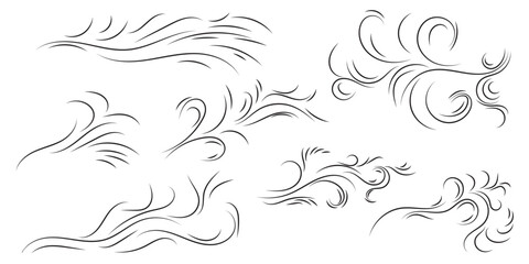 Doodle wind line sketch set. Hand drawn doodle wind air blow, swirl elements.
