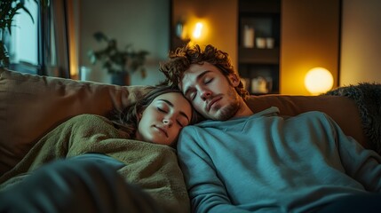 Restful Couple: Embracing Sleep Together in Warm Home Setting, Peaceful Slumber in Calm, Gentle Ambiance