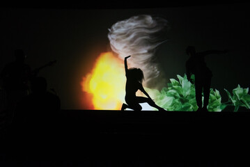 Fototapeta premium Silhouette of woman dancer with colorful smoky stage.