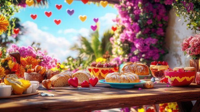 A lively Valentine family brunch setup on an open terrace