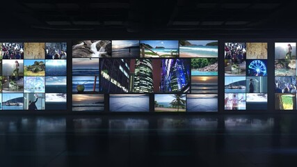 Video wall showcasing diverse landscapes and urban scenes