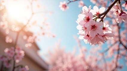 Obraz premium Cherry blossoms in full bloom during Japan's festival, soft sunlight with a traditional Japanese building in the background