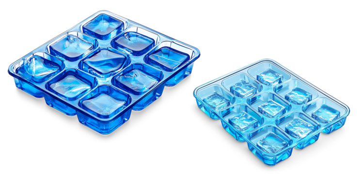 Blue Plastic Ice Cube Tray with Frozen Cubes on a Transparent Background
