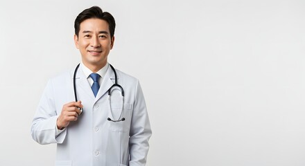 Fototapeta premium A happy handsome doctor in medical uniform, full body, isolated on a white background, with copy space