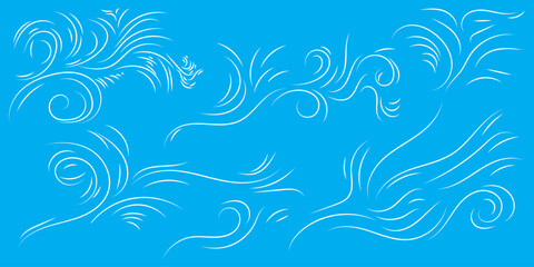 Doodle line wind moving set. Breath of the typhoon. Flat wind moves Vector isolated illustration

