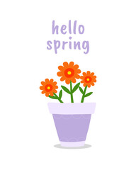 Cute vector Hello Spring illustration with a floral bouquet in a purple flower pot. Scrapbooking, greeting card, poster, tag. EPS10