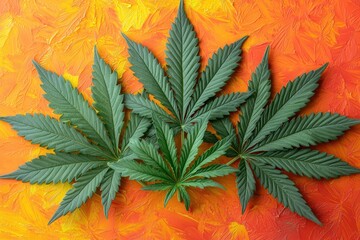Close-up of three vibrant green cannabis leaves arranged on a textured orange and yellow background.