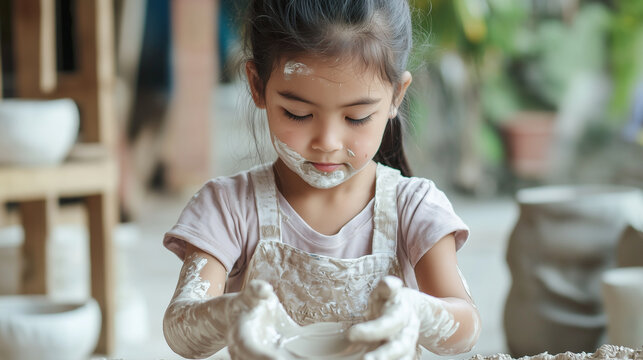A young girl working in a pottery workshop