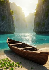 Fototapeta premium Serene Wooden Rowboat on Tranquil Beach Cove at Sunset