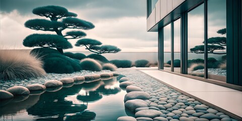 Modern Japanese Zen Garden with Bonsai Trees, Reflective Pond, and Minimalist Architecture, Serene Outdoor Retreat