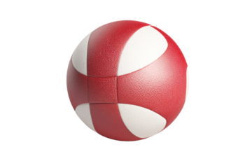 Red and white volleyball resting on a surface