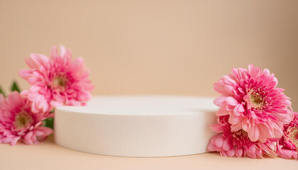 White round podium with pink flowers, floral branch, spring blossom. Empty pedestal. Mock-up.