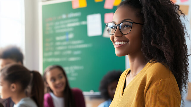 Profesora en el aula junto a una pizarra