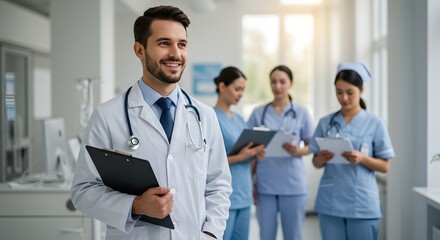 Fototapeta premium A happy doctor in medical uniform, in a hospital with other nurses, with a little bit of blurred background with side copy space, with background sunshine