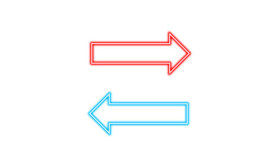 Neon arrow sign. Blue and red glowing neon laser arrows. Fluorescent electric arrows. Directional light effect. Colorful glowing neon graphic elements. Isolated on transparent background
