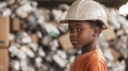 Child sorting hazardous waste without protection in recycling center