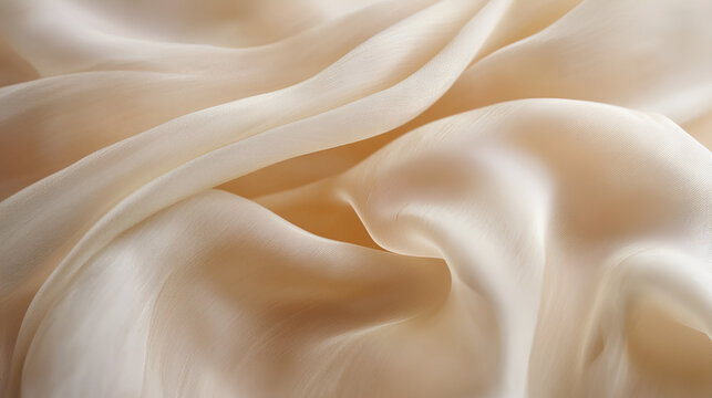 Cream-colored silk fabric arranged with gentle folds and soft lighting to emphasize texture and shine.