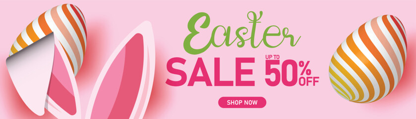 Easter sale banner with bunny ears, decorated eggs, and pink pastel background, 50% off discount, festive holiday shopping promotion