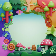 Obraz premium Colorful frame for kids with 3d forest objects, trees and mushrooms, and blank space in the middle to place text. Forest poster for kids template.