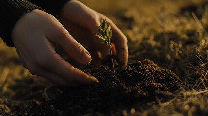 A hand gently plants a young seedling into the earth, symbolizing growth, nature, and care in a serene outdoor setting.