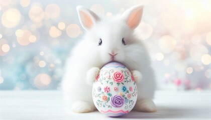 Fototapeta premium Enchanting white bunny clutching a vibrant Easter egg amidst soft, white fluff and flowers, creating a dreamy, light-filled backdrop with bokeh for an ethereal Easter vibe
