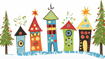 Obraz premium Colorful whimsical Christmas houses with stars and trees – Simple cute clip art on pure white background