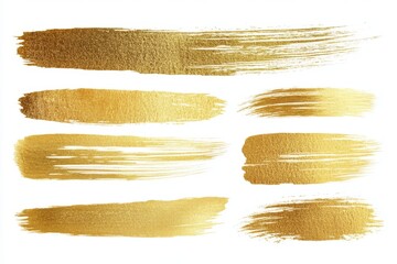 Set of gold brush strokes isolate on white background