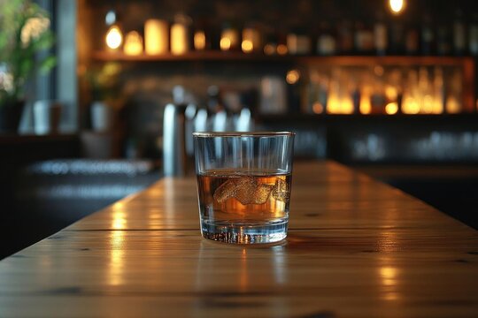 Whiskey Drink with Ice on Wooden Bar Top