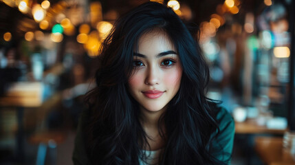 Fototapeta premium A close-up of a young woman with striking dark hair, smiling warmly inside a coffee shop adorned with soft, glowing lights, creating a cozy atmosphere for socializing or work.