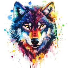 Artistic watercolor representation of a colorful wolf image