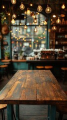 Rustic Wooden Table in Cozy Cafe, Warm Lighting