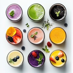 Assortment of colorful smoothies, each decorated with fruit and a mint sprig.
