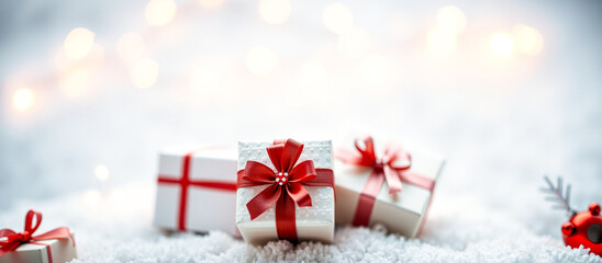 three white gift boxes with red ribbons arranged on faux snow