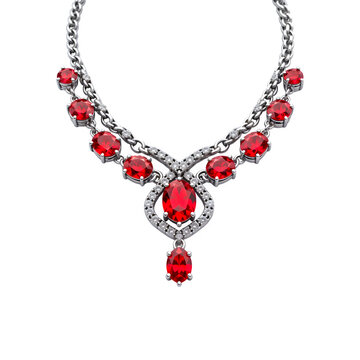 Silver necklace with red diamonds isolated on transparent background. Silver necklace with ruby, topaz, sapphir png. Jewelry and gemstones