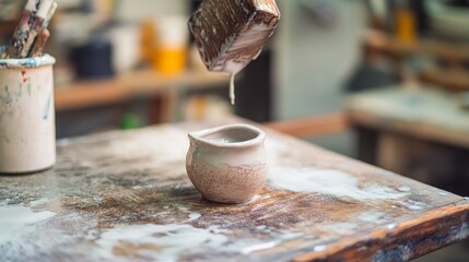 Artisan pottery workshop scene with dripping glaze on clay pot