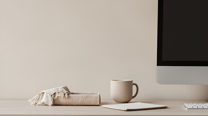 Obraz premium Minimalist workspace featuring a monitor, keyboard, mug, notepad, and decorative box on a bright desk.