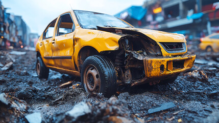 Fototapeta premium Damaged yellow car and destroyed taxi after accident, hyper realistic close-up, city background