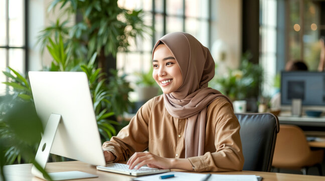 smiling woman in hijab working on desktop computer in modern office - Powered by Adobe