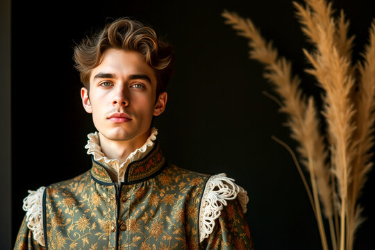 portrait of a young man in a historical green and gold brocade doublet