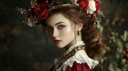 Elegant woman in a red Victorian dress with intricate lace details, adorned with a floral headpiece, gazing confidently in a moody historical setting, evoking vintage charm and romantic beauty.