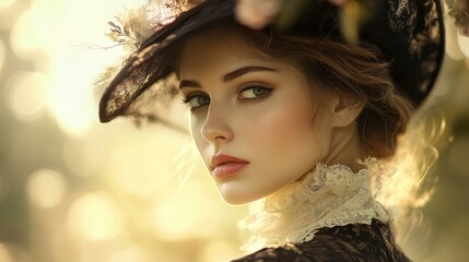 Beautiful woman in a delicate lace Victorian dress and a black hat, standing in warm golden light, evoking a timeless and dreamy vintage atmosphere with a soft and elegant aesthetic.