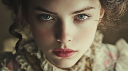 Close-up portrait of a young woman with piercing blue eyes and delicate features, dressed in an ornate historical costume with soft curls, evoking a vintage and Renaissance-inspired aesthetic.