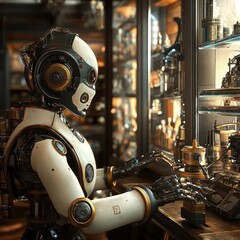 Steampunk humanoid robot meticulously crafting intricate mechanical devices in a vintage workshop, blending technology and artistry in a visually stunning retro-futuristic scene.