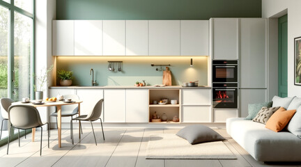 Fototapeta premium bright and airy modern kitchen with white cabinets and wooden countertops