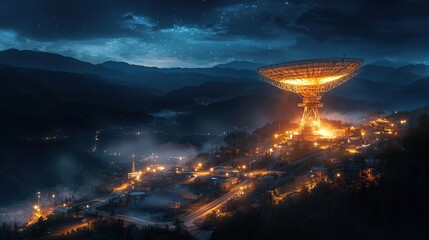 Illuminated Giant Satellite Dish in a Mountainous Landscape at Night with a Starry Sky and Futuristic Atmosphere
